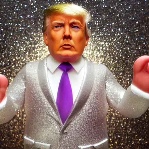 Image similar to Donald Trump with silver-violet hair, white eyes and golden glittery dress, wide lens, diorama, 4k,