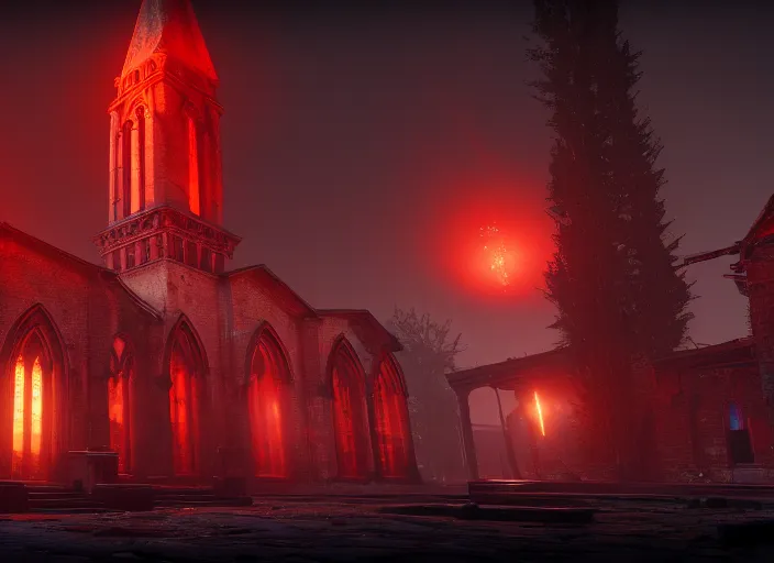 Image similar to ancient church of worship with red shafts of light in destiny 2, foggy, liminal, dark, dystopian, beautiful architecture, abandoned, highly detailed 4 k 6 0 fps destiny 2 promotional poster image wallpaper expansion