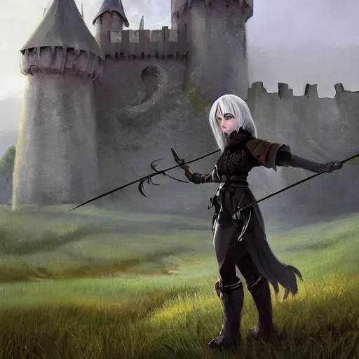 Prompt: a warrior girl with black wedge hairstyle wearing a long gray cloak with white fur collar and leather boots holding a crossbow standing in a meadow with medieval fantasy landscape with castle in the distance, shot from behind, fantasy art, digital art, by andreas rocha, trending on artstation, vibrant colors