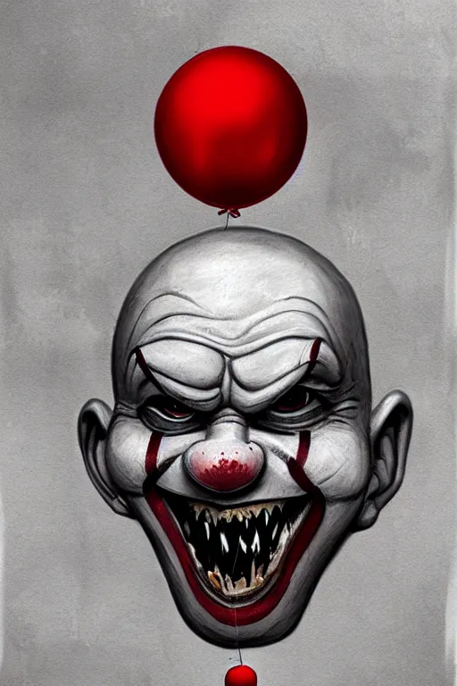 Prompt: surrealism grunge cartoon portrait sketch of Pennywise with a wide smile and a red balloon by - michael karcz, loony toons style, freddy krueger style, horror theme, detailed, elegant, intricate