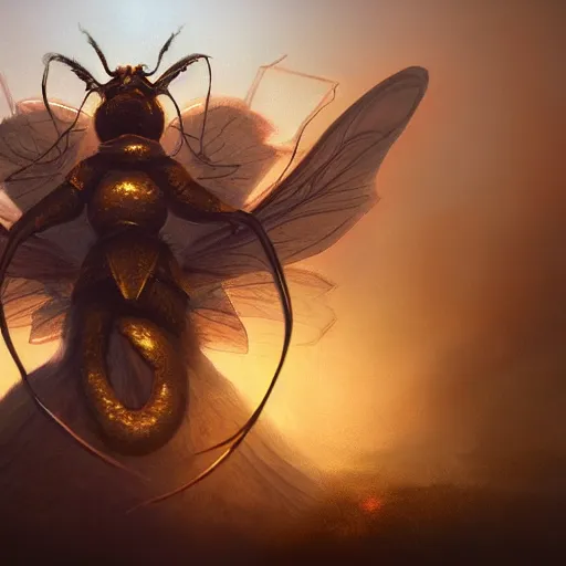 Image similar to Anthropomorphized queen bee, D&D, fantasy, cinematic lighting, highly detailed, digital painting, artstation, concept art, smooth, sharp focus, illustration, warm light, cozy warm tint, magic the gathering artwork, volumetric lighting, 8k, no gold, no gold colours, art by Akihiko Yoshida, Greg Rutkowski