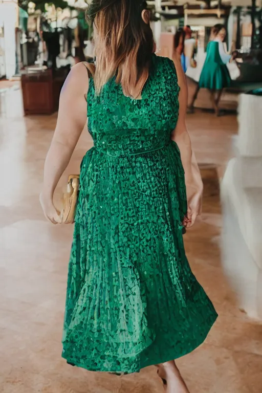 Prompt: woman wearing a magical jade dress