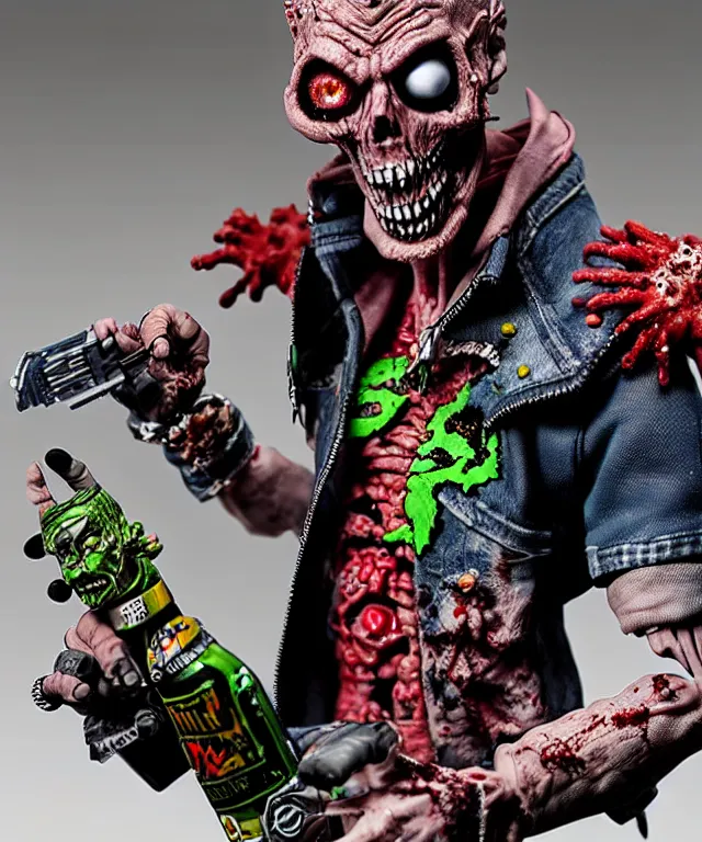 Image similar to hyperrealistic rendering, punk rock zombie is motu action figure, product photography