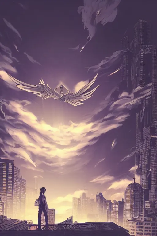 Prompt: concept art painting of a guy with wings flying over city skyline, moody vibe, moody lighting, artgerm, moebius, inio asano, toon shading, cel shading, calm, tranquil, vaporwave colors,