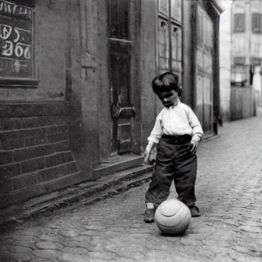 Image similar to a boy playing with a ball in the street in 1 9 2 0