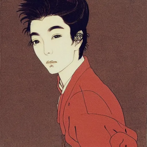 Prompt: painting of grumpy handsome beautiful man in his 2 0 s named min - jun in a french female maid outfit, modern clothing, elegant, clear, painting, stylized, delicate facial features, soft, art, art by takato yamamoto and egon schiele combined