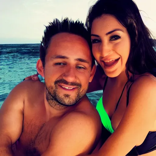 Image similar to photo of a 4 0 year old man that looks young for his age dating a very attractive 2 2 year old colombian woman wearing a bikini. they are at a night club