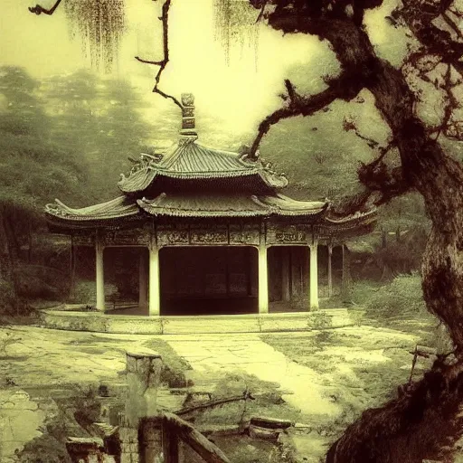 Image similar to old pavilion in the forest, by lang jingshan,