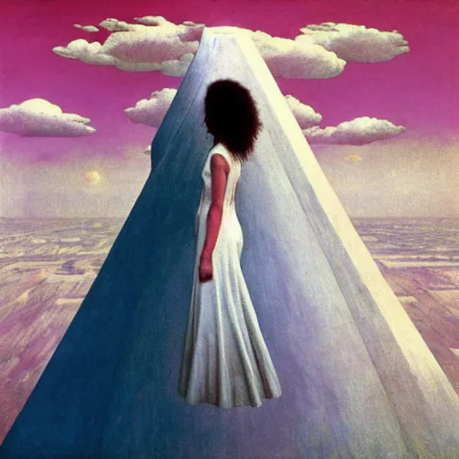 Image similar to a woman with a white dress in a white city, clear blue sky, pink floyd album cover, 1 9 7 0's, by beksinski, bruegel, greg rutkowski, alphonse mucha, and yoshitaka amano, colorful flat surreal design, hd, 8 k, artstation