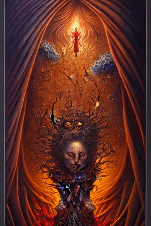Image similar to A beautiful detailed tarot card, by tomasz alen kopera and Justin Gerard, symmetrical features, ominous, magical realism, texture, intricate, ornate, royally decorated, whirling smoke, embers, red adornements, red torn fabric, radiant colors, fantasy, trending on artstation, volumetric lighting, micro details, 3d sculpture, ray tracing, 8k, anaglyph effect