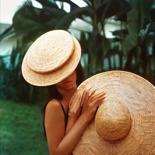 Image similar to A closeup film photography of a cat wearing vietnamese straw hat, photo bySlim Aarons, award winning, 4K