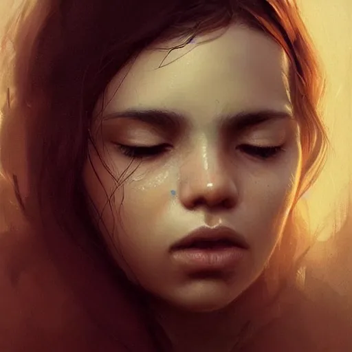 Prompt: Stunning portrait of Beautiful Hispanic tiny nose womans face with her hands covering her eyes. Soft render, Greg Rutkowski details, Tears pouring down from her eyes, music album cover, artstation, pixivi