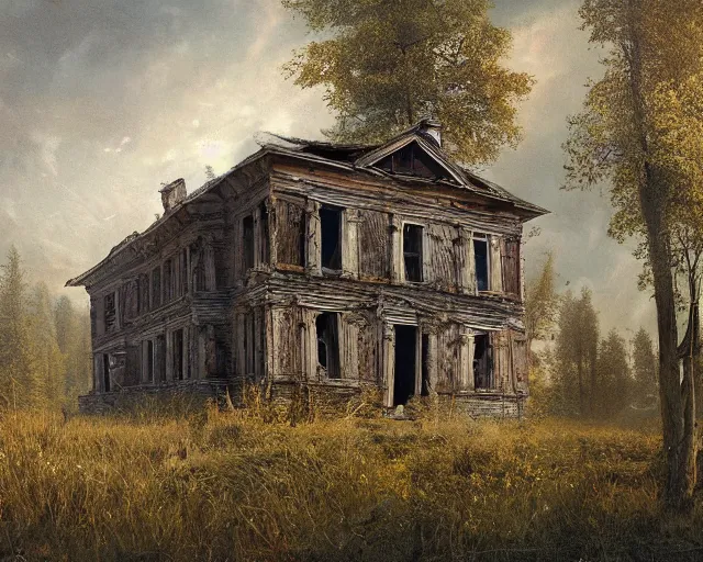 Prompt: matte painting of abandoned house by ivan shishkin