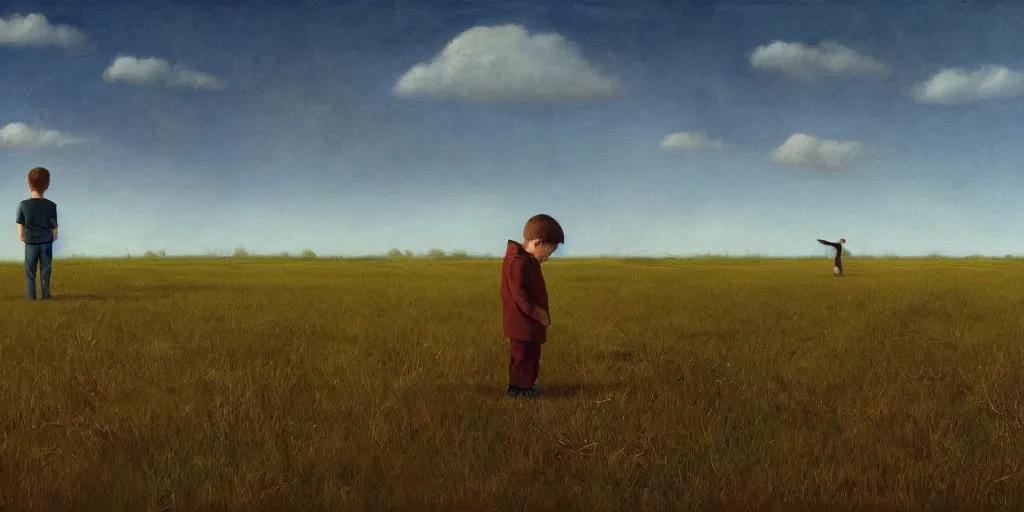 Prompt: The boy, His shadow, and their loneliness, convalesce in a field over their shared heartbreak, Scott Listfield