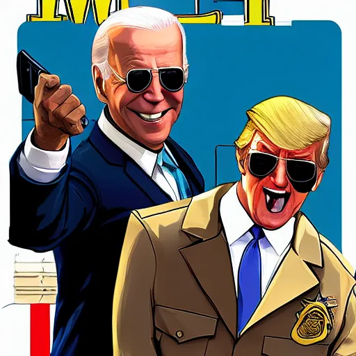 Image similar to joe biden wearing aviators and a sheriff outfit while laughing and arresting trump in gta v, cover art by stephen bliss, boxart, loadscreen