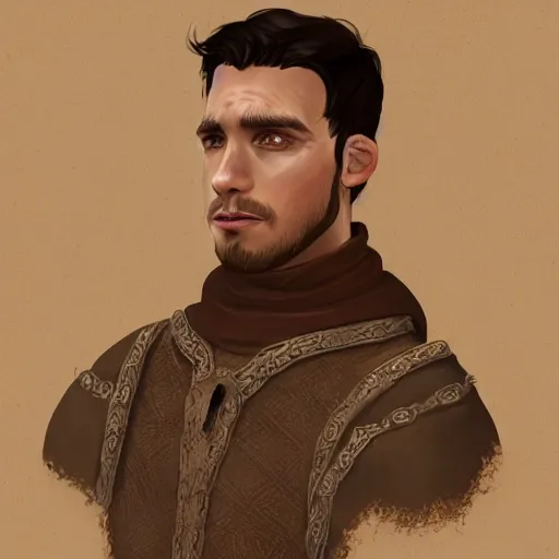 Prompt: Portrait of a medieval nobleman, tan skin and brown hair, clean shaven, big nosed with many scars. Artstation
