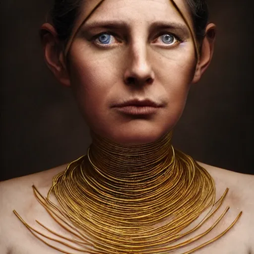 Prompt: A perfect female goddess stands for a waist up portrait with her body sightly wrapped in thin gold wire creatively arranged so as to look like prison tattoos, hyper photo realistic 8K HD HDRI, photo by Annie Leibovitz.