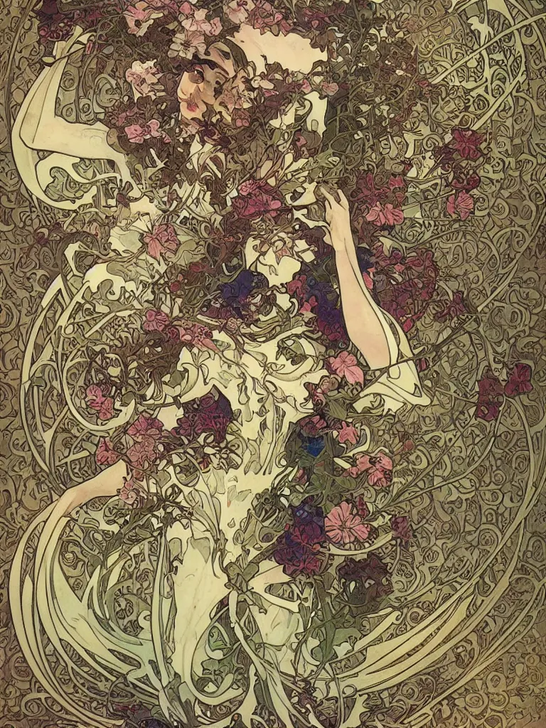 Image similar to a skeleton covered in flowers in a dynamic pose, art nouveau patterns, alphonse mucha, james jean, peter mohrbacher, highly detailed, soft lighting,