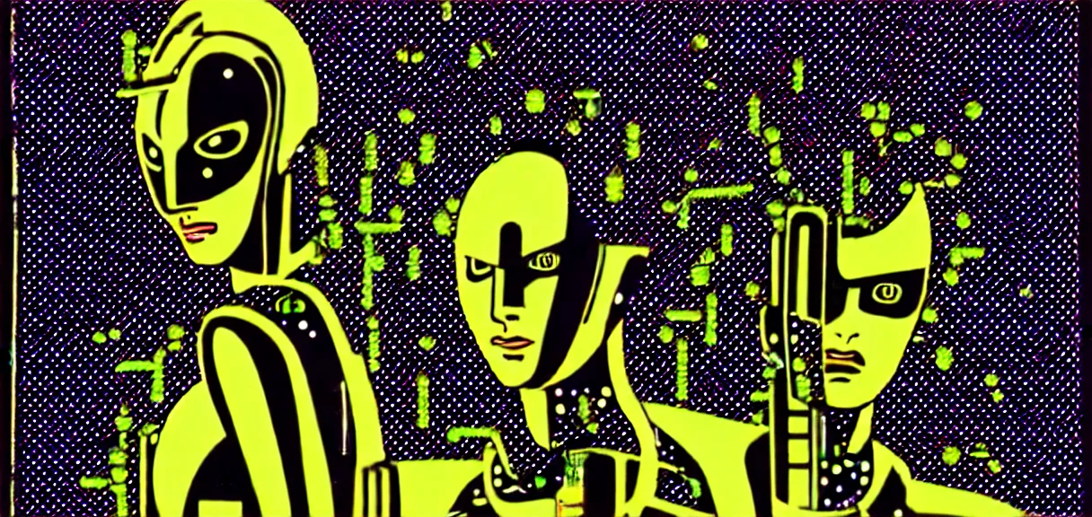 Image similar to ⚠ 👽 💉 ☠ 💢 😱 futuristic japanese cyberpunk by roy lichtenstein, by andy warhol, ben - day dots, pop art, bladerunner, pixiv contest winner, cyberpunk style, cyberpunk color scheme, mechanical, high resolution, hd, intricate detail, fine detail, 8 k