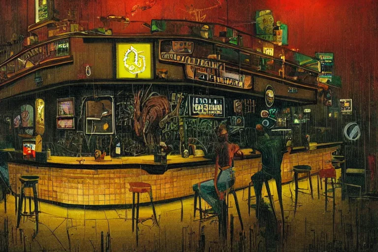 Image similar to scene from louisiana swamps, bar, neon cross, voodoo, artwork by tim eitel