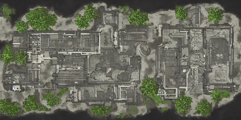 Image similar to architectural floor plan gears of war map hybrid halo map, small symmetrical outpost, white wall outlines