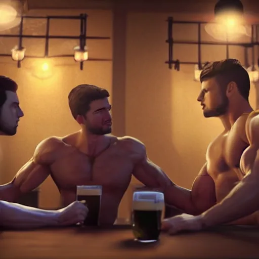 Image similar to cinematic scene with attractive muscular male and another attractive muscular male, drinking their hearts out, in the pub, very detailed, volumetric lighting, still frame