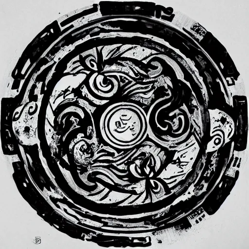 Image similar to a battle tank heavy armor blasting with yin - yang black and white symbol daoist paint, in a cosmic field