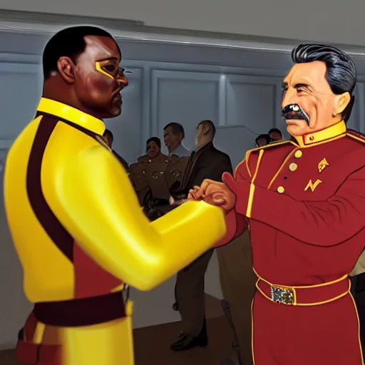 Image similar to a hyper realistic ultra realistic photograph of stalin shaking hands with Geordi La Forge, highly detailed, 8k photograph