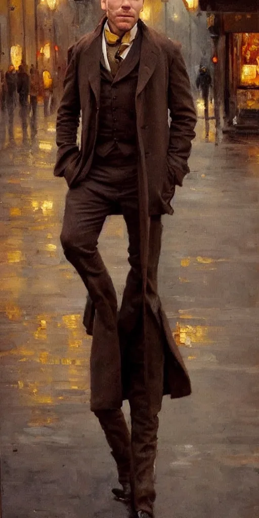 Image similar to we see ewan mcgregor from side. he is dressed as a gentleman at early 2 0 th century paris. atmospheric feeling, warm colours, brown colours, yellow colours, epic scene, cinematic, very detailed, oil painting