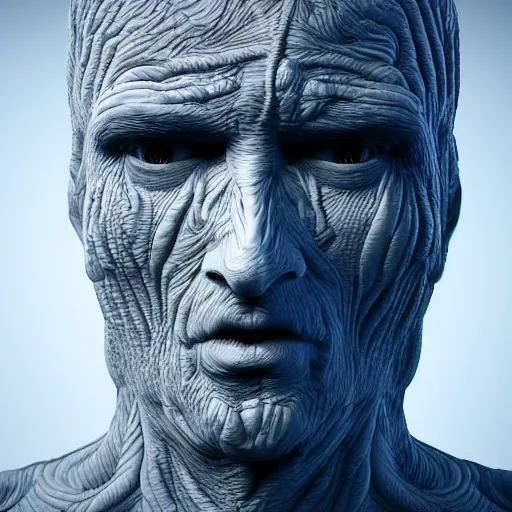 Image similar to a man who's face is covered in ridges of fractal human hands, octane render, subsurface scattering, intense lighting