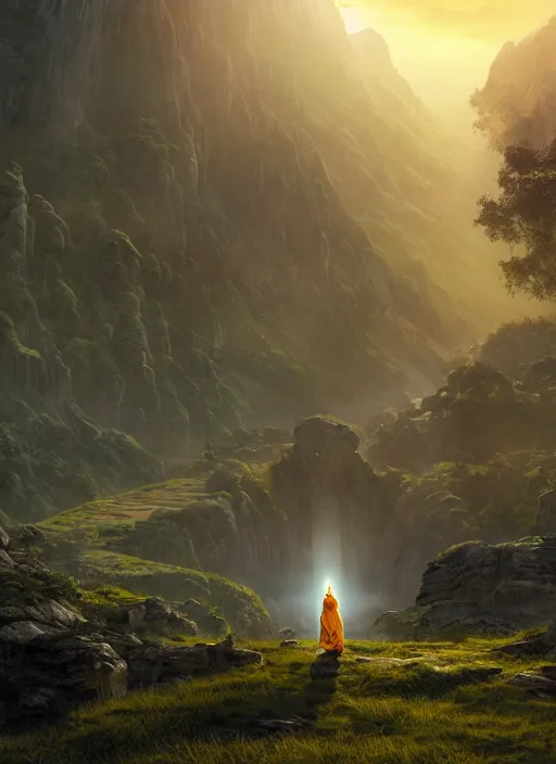 Image similar to a cosmic monk in lord of the rings scenery landscape, looking out at a gigantic temple made of alien architecture, lush valley, sunrise, god's rays, highly detailed, vivid color, cinematic lighting, perfect composition, 8 k, gustave dore, derek zabrocki, greg rutkowski, belsinski, octane render