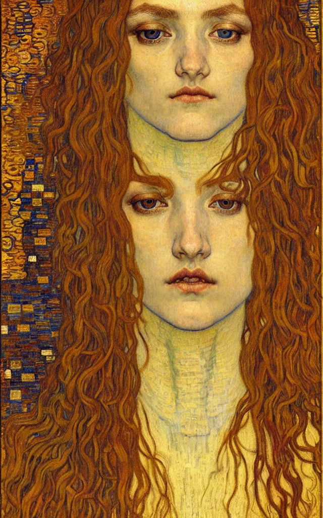 Image similar to detailed realistic beautiful young medieval queen face portrait by jean delville, gustav klimt and vincent van gogh, art nouveau, symbolist, visionary, gothic, pre - raphaelite, muted earthy colors, desaturated