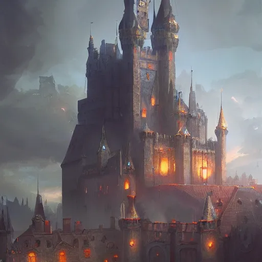 Image similar to a fantasy castle, ground level, dramatic lighting, city background, chiaroscuro, high detail, painted by greg rutkowski, painted by igor kieryluk, painted by bobby chiu, trending on artstation