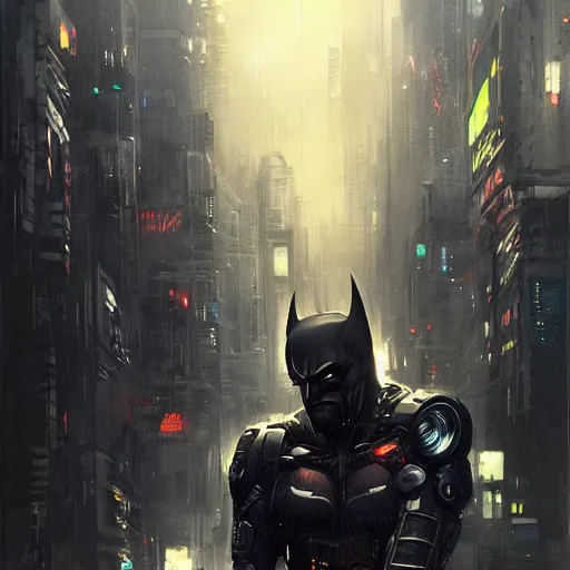 Image similar to cyberpunk batman, futuristic, brush strokes, oil painting, city background, greg rutkowski