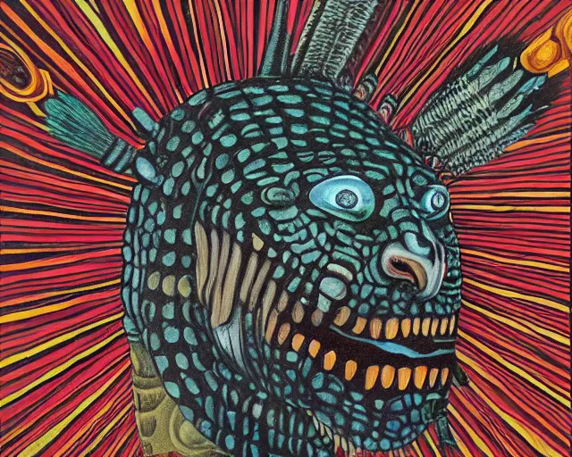 Image similar to a detailed acrylic painting of mayan jaguar warrior, the artist is charles burns, alex grey, cut out collage 1 9 7 6.