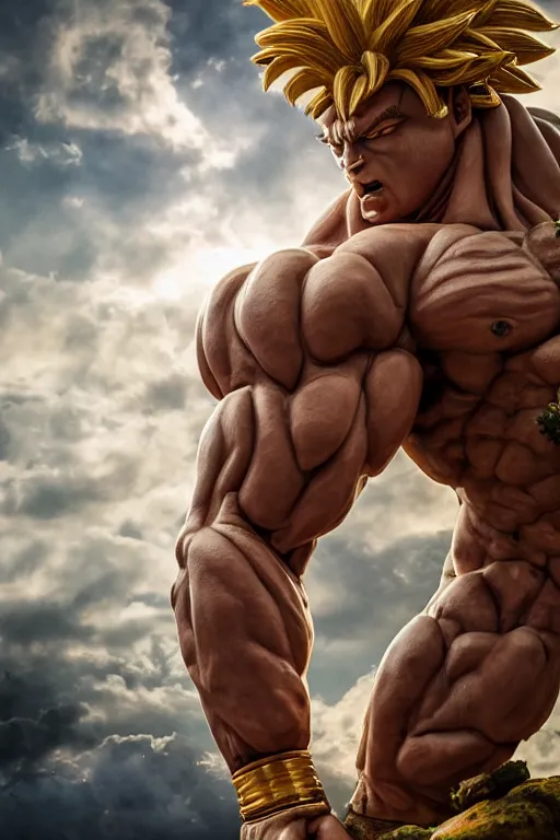 Prompt: photo of fullbody rococo delicate sculpture of a hulking herculean muscular brock lesnar as an humanoid deity, broly, the legendary super saiyanclothed in silk, sunrays, cinematic lighting, photorealistic, octane render, 8 k, depth of field, 3 d sculpted by michelangelo and titian