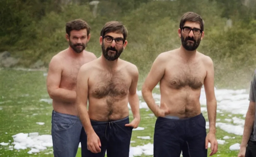 Image similar to Adam buxton and louis theroux have an ice bath, outside, cold, odd, depth of field, photorealistic