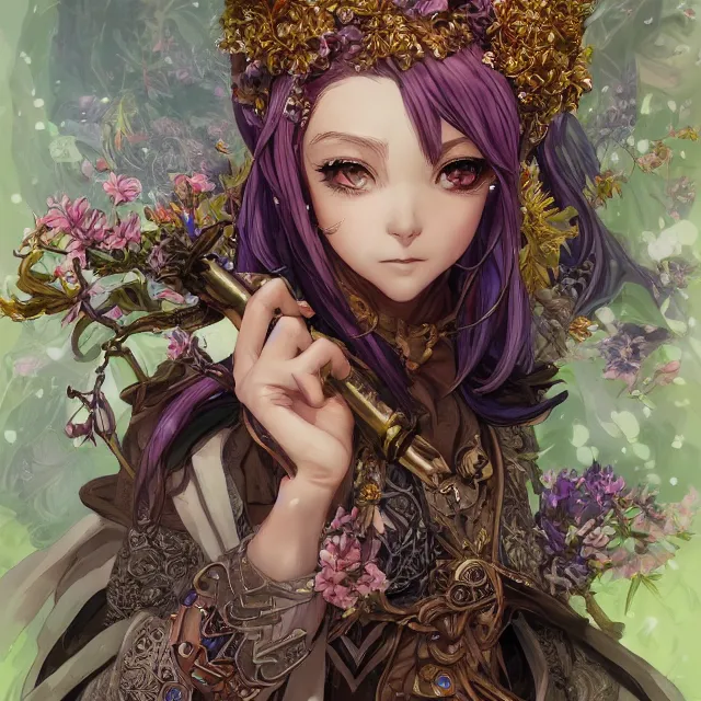 Image similar to the portrait of chaotic good female druid alchemist as absurdly beautiful, gorgeous, elegant, young anime girl, an ultrafine hyperdetailed illustration by kim jung gi, irakli nadar, intricate linework, sharp focus, bright colors, octopath traveler, final fantasy, unreal engine 5 highly rendered, global illumination, radiant light, detailed and intricate environment