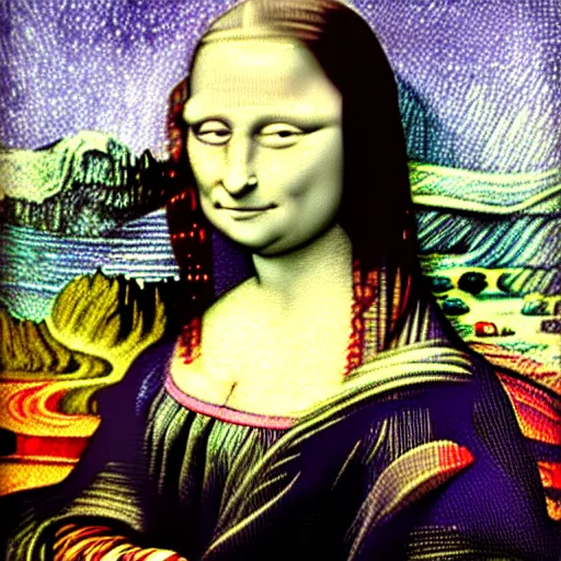 Image similar to pastel, mona lisa by van gogh, starry night, gaussian blur