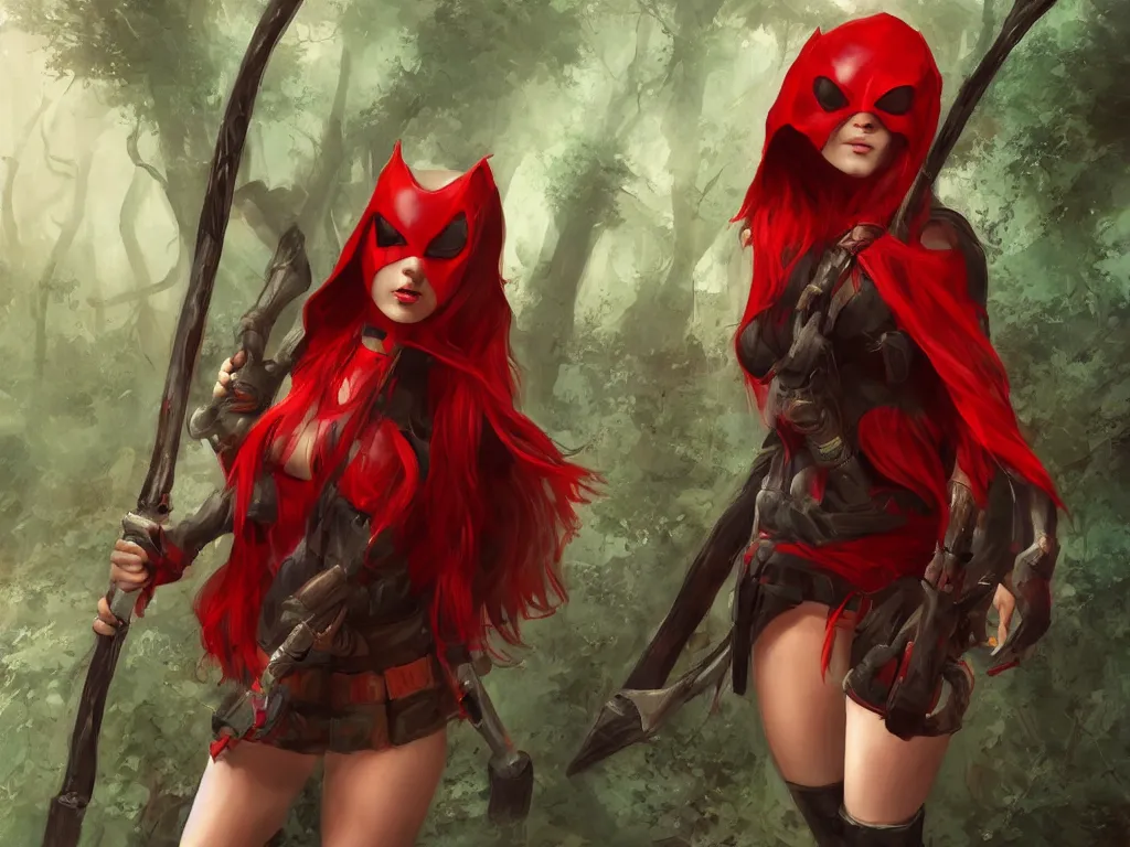 Prompt: a girl in a red hood with a twohanded axe in mysty deep mystical forest, award winning. dramatic. trending on artstation, style by victor hugo queiroz, and jim burns