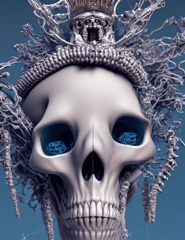 Image similar to 3 d goddess skeleton macro close - up portrait with crown made of ram skull. betta fish, jellyfish phoenix, bioluminiscent, plasma, ice, water, wind, creature, super intricate ornaments artwork by tooth wu and wlop and beeple and greg rutkowski