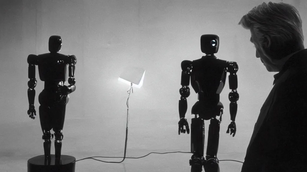 Image similar to movie scene of a man and a robot having a moment of jealousy, movie still, cinematic composition, cinematic light, by david lynch and andrzej zuławski