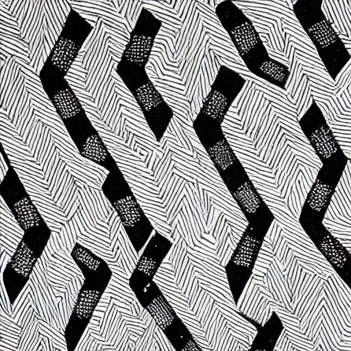 Prompt: white wolves transitioning into black geese by mc escher, aerial view, scared black geese flying, angry white wolves with teeth, hexagonal pattern, intricate details, ink shading, ink dots, mathematical interlocking, screen print, frameless