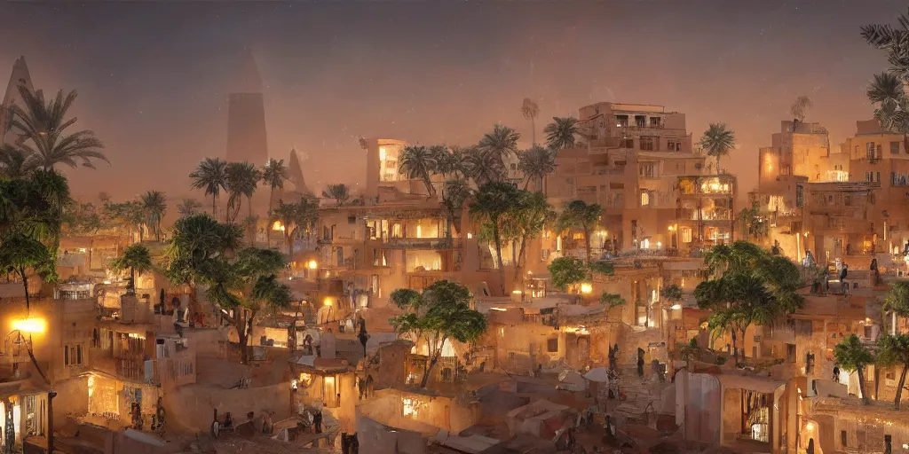 Image similar to painting of an old african city with a mix of traditional african and egyptian architecture, tiny glowing lights hovering between houses, people flying in the skies above, people talking in the streets and greenery growing between the buildings, photoreal, trending on artstation