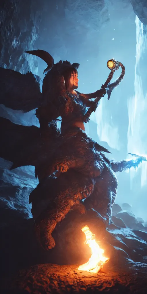 Image similar to a epic hero adventurer holding a torch in a dark cave, fantsy, concept art, artgerm, monster hunter world, 8 k realistic, radiant light, frostbite 3 engine, dof, cryengine, digital art, detailed background