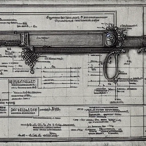 Prompt: renaissance blueprint diagrams of a weapon