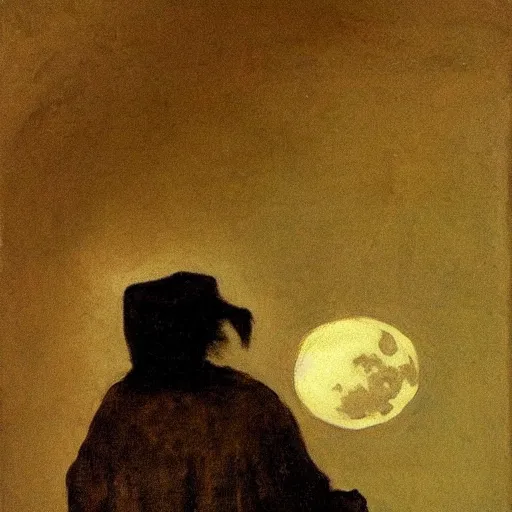 Prompt: An old wrinkled witch dressed in black stirring her cauldron under the moon light. Oil painting by Francisco de Goya.