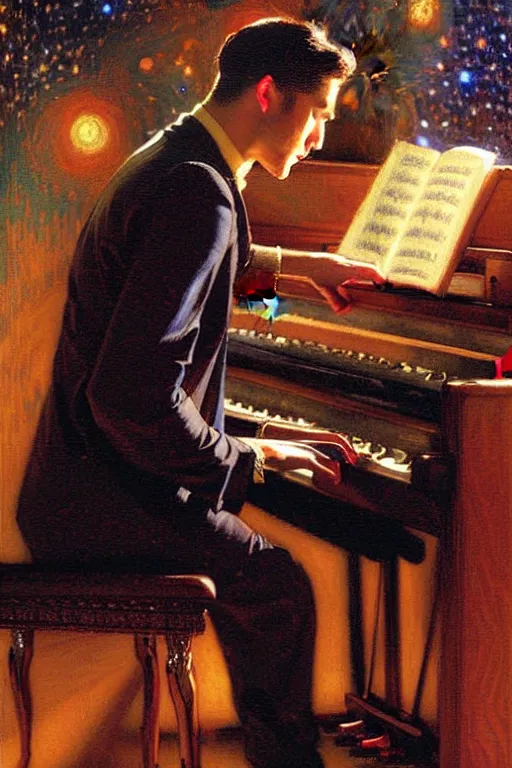 Image similar to attractive male playing piano, starry night, painting by gaston bussiere, craig mullins, j. c. leyendecker