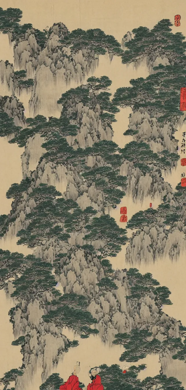 Prompt: taoist monks and temples in huangshan, artwork by hokusai and hiroshige, painted on old parchment