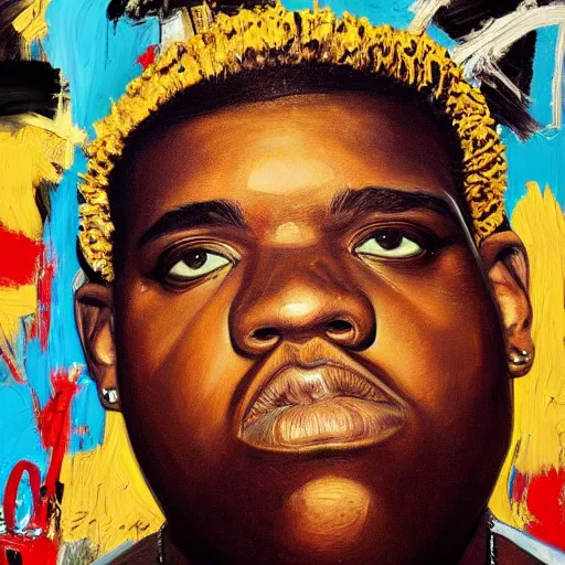 Image similar to a painting of a hyper realistic biggie smalls, art by basquiat, intricate, ultra detailed, photorealistic, black and gold colors, dark background trending on artstation